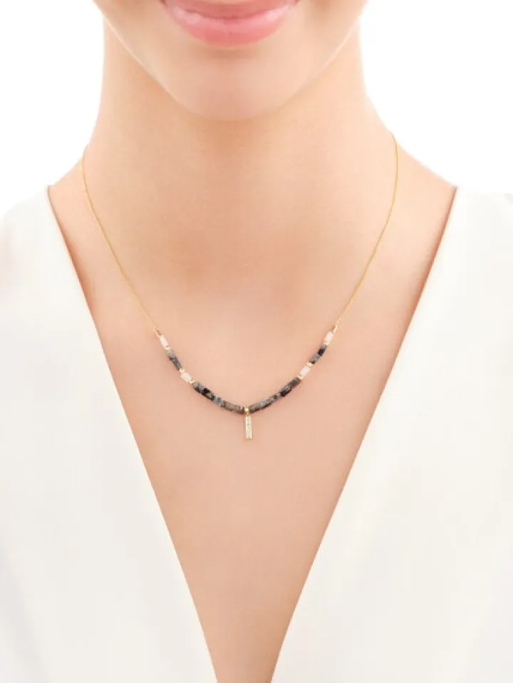 Naszyjnik z diamentami, labradorytami, kryształami górskimi i elementami żółtego złota - próba 375