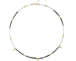 Naszyjnik z diamentami, labradorytami, kryształami górskimi i elementami żółtego i białego złota - próba 375