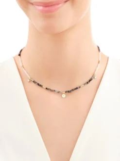 Naszyjnik z diamentami, labradorytami, kryształami górskimi i elementami żółtego i białego złota - próba 375