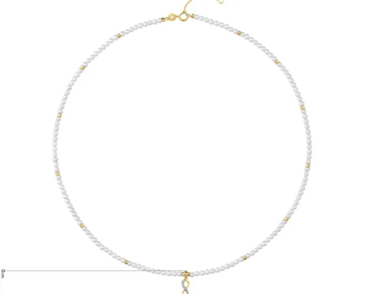 Naszyjnik z diamentem, perłami i elementami żółtego złota - nieskończoność - próba 585