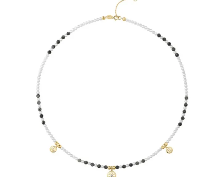 Naszyjnik z diamentem, perłami, labradorytami i elementami żółtego złota - kwiaty - próba 585