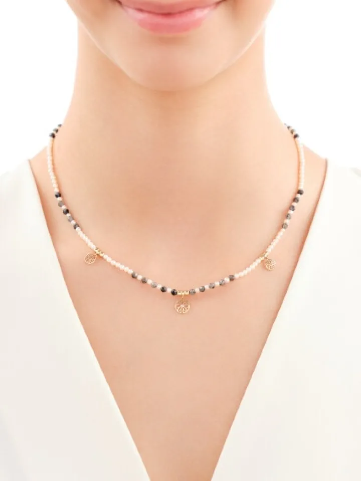 Naszyjnik z diamentem, perłami, labradorytami i elementami żółtego złota - kwiaty - próba 585