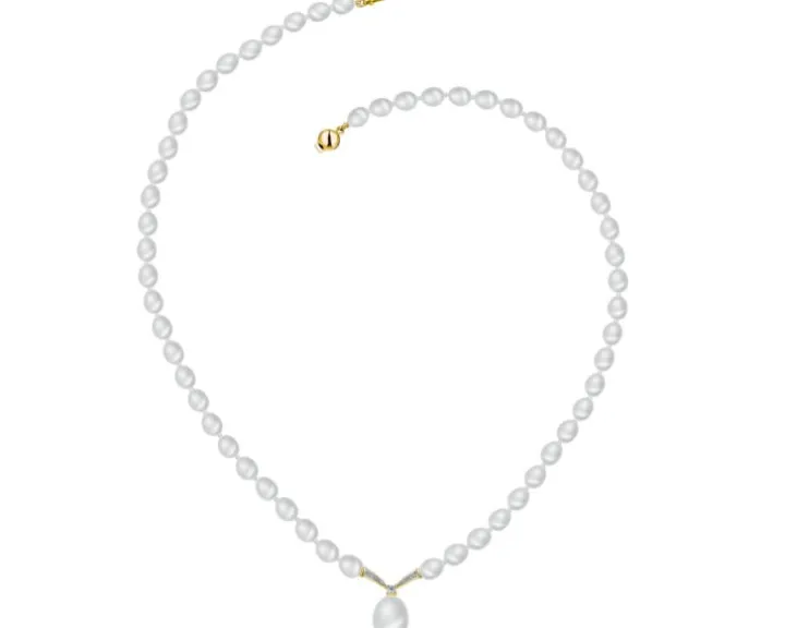 Naszyjnik z perłami, diamentami i elementami żółtego złota - próba 585