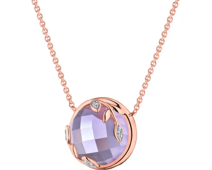 Naszyjnik z różowego złota z diamentami i ametystem - liście - próba 585