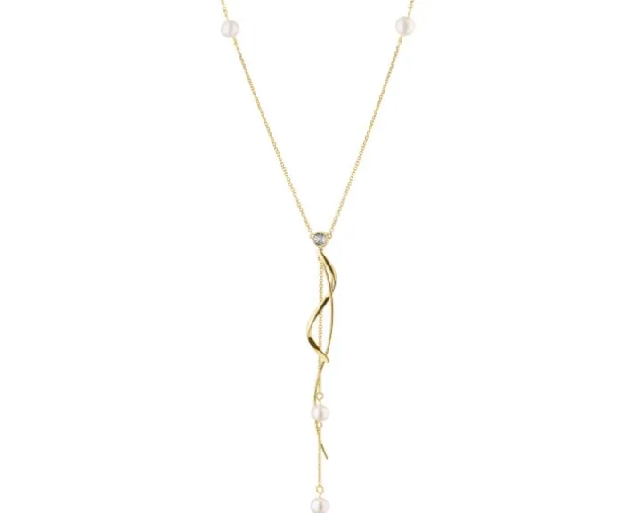 Naszyjnik z żółtego i białego złota z brylantem i perłami - próba 375