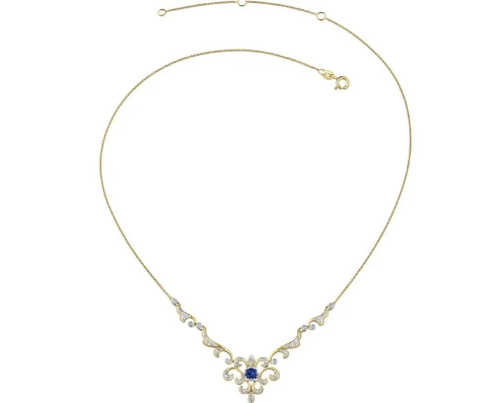 Naszyjnik z żółtego złota z brylantami i szafirem - próba 585