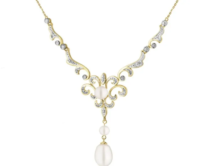 Naszyjnik z żółtego złota z brylantami i perłami - próba 585