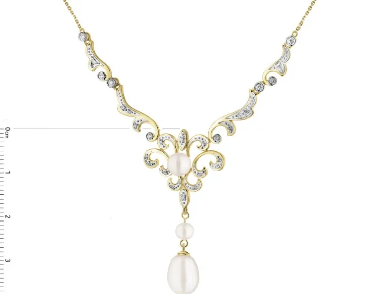 Naszyjnik z żółtego złota z brylantami i perłami - próba 585