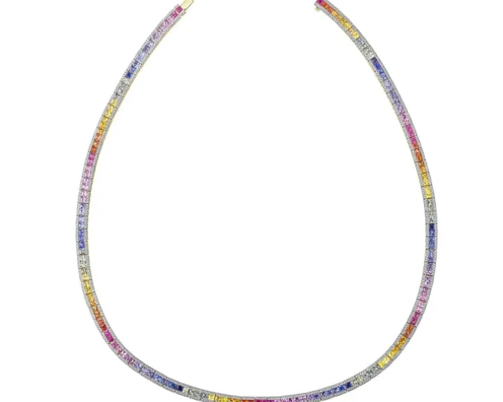 Naszyjnik z żółtego złota z brylantami i kolorowymi szafirami - 45 cm - próba 585
