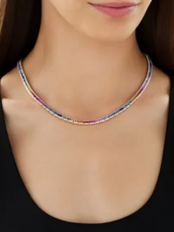 Naszyjnik z żółtego złota z brylantami i kolorowymi szafirami - 45 cm - próba 585