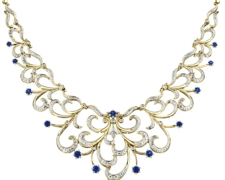 Naszyjnik z żółtego złota z brylantami i szafirami - 43 cm - próba 585