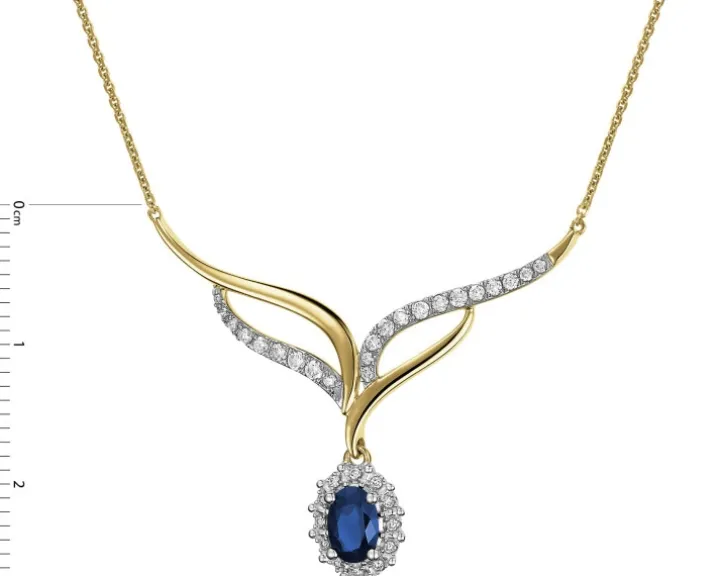 Naszyjnik z żółtego złota z brylantami i szafirem - próba 585