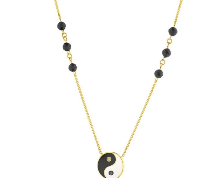 Naszyjnik z żółtego złota z diamentami, emalią i agatami - yin yang - próba 375