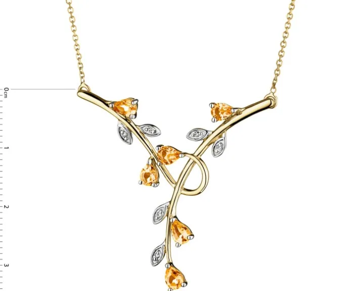 Naszyjnik z żółtego złota z diamentami i cytrynami - liście - próba 375