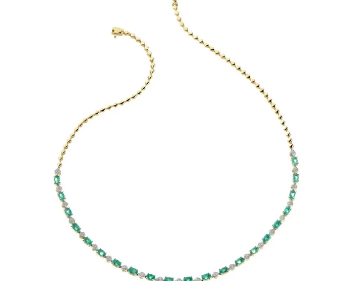 Naszyjnik z żółtego złota z diamentami i szmaragdami - 43 cm - próba 585