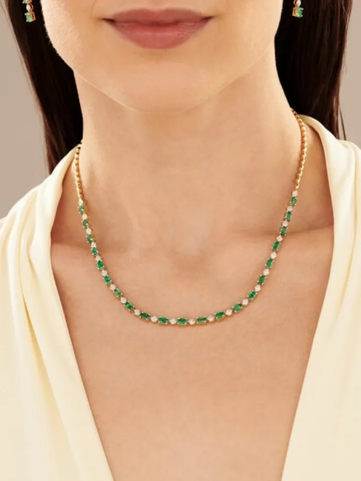 Naszyjnik z żółtego złota z diamentami i szmaragdami - 43 cm - próba 585