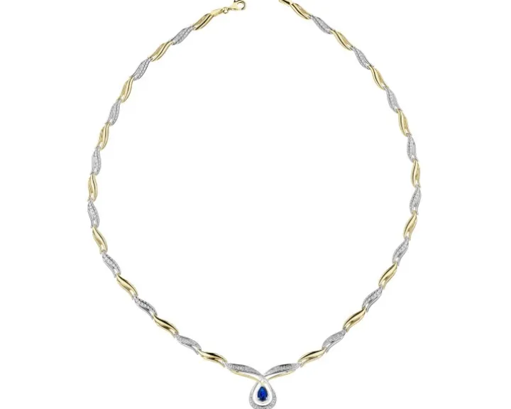 Naszyjnik z żółtego złota z diamentami i szafirem - 45 cm - próba 585