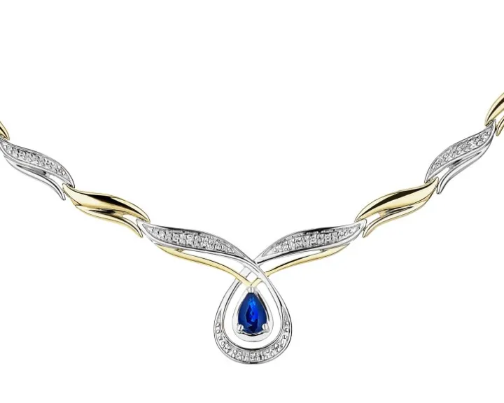Naszyjnik z żółtego złota z diamentami i szafirem - 45 cm - próba 585