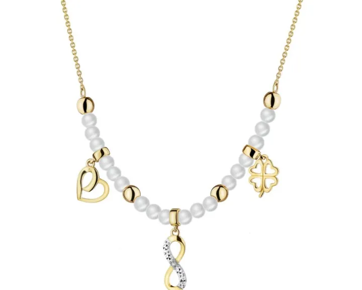 Naszyjnik z żółtego złota z diamentem i perłami - serce, nieskończoność, koniczyna - próba 585