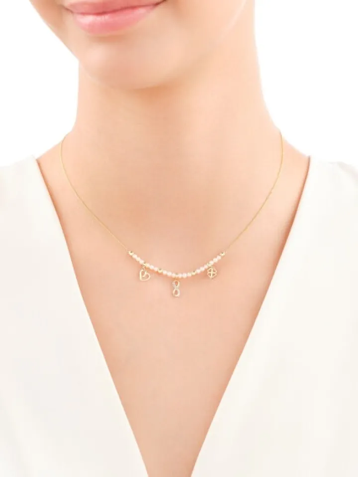 Naszyjnik z żółtego złota z diamentem i perłami - serce, nieskończoność, koniczyna - próba 585