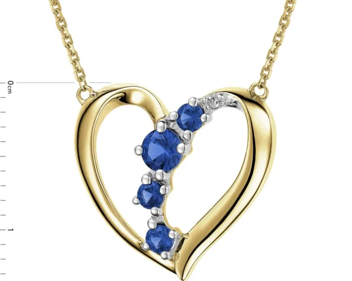 Naszyjnik z żółtego złota z diamentem i szafirami syntetycznymi - serce - próba 375