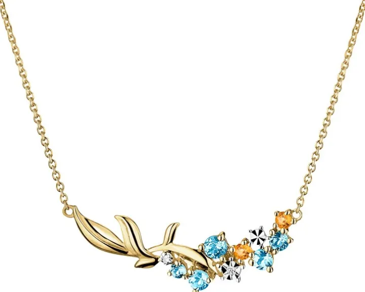 Naszyjnik z żółtego złota z diamentami, topazami i cytrynami - liście - próba 585