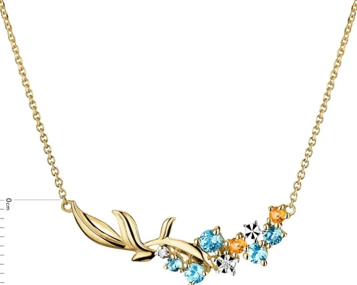 Naszyjnik z żółtego złota z diamentami, topazami i cytrynami - liście - próba 585