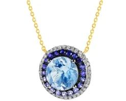Naszyjnik z żółtego złota z diamentami, szafirami i topazem Sky Blue - próba 585
