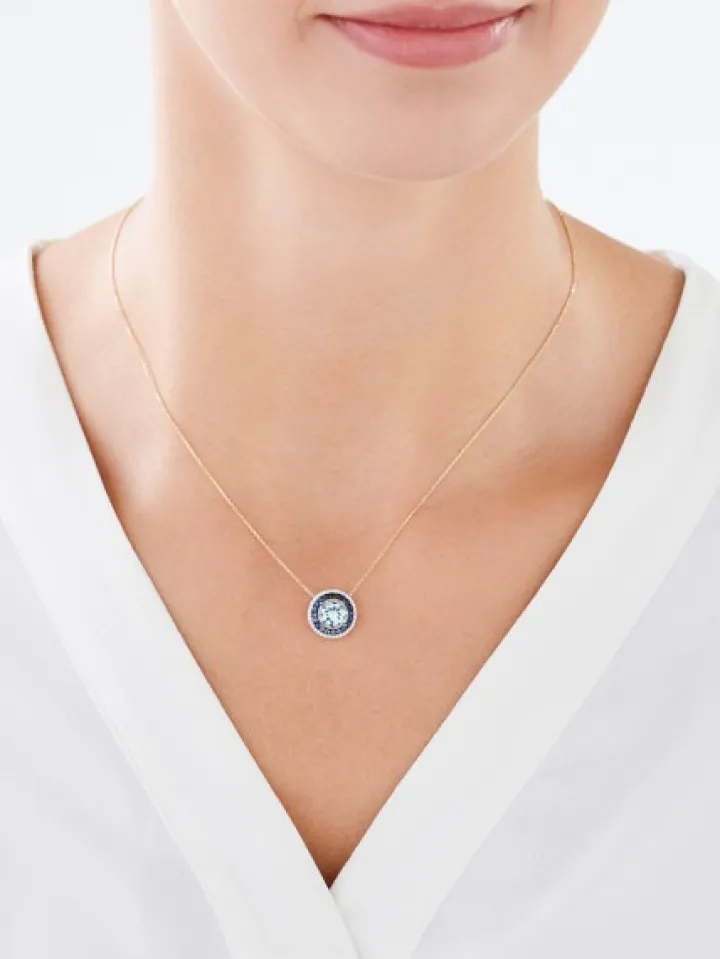 Naszyjnik z żółtego złota z diamentami, szafirami i topazem Sky Blue - próba 585