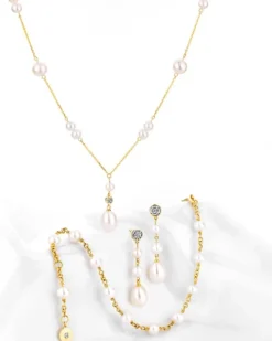 Naszyjnik z żółtego złota z diamentem i perłami - próba 585