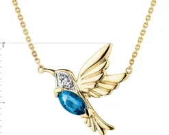 Naszyjnik z żółtego złota z diamentami i topazem London Blue - koliber - próba 375