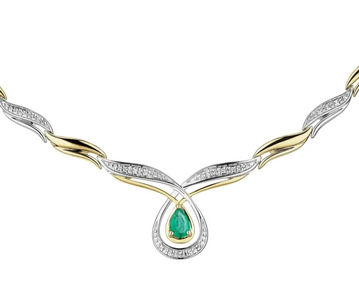 Naszyjnik z żółtego złota z diamentami i szmaragdem - 45 cm - próba 585