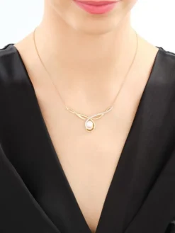 Naszyjnik z żółtego złota z diamentami i perłą - próba 585