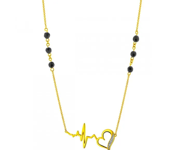 Naszyjnik z żółtego złota z diamentami i agatami - EKG serca - próba 375
