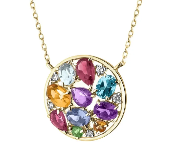 Naszyjnik z żółtego złota z diamentami, kamieniami szlachetnymi i ozdobnymi - próba 585