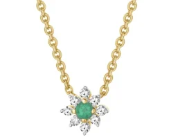 Naszyjnik z żółtego złota z diamentami i szmaragdem - kwiat - próba 585