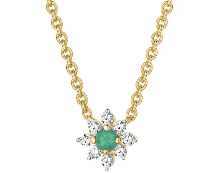 Naszyjnik z żółtego złota z diamentami i szmaragdem - kwiat - próba 585
