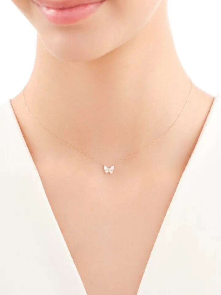 Naszyjnik z żółtego złota z diamentami i masą perłową - motyl - próba 585