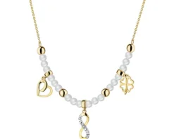 Naszyjnik z żółtego złota z diamentem i perłami - serce, nieskończoność, koniczyna - próba 375