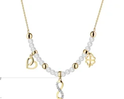 Naszyjnik z żółtego złota z diamentem i perłami - serce, nieskończoność, koniczyna - próba 375