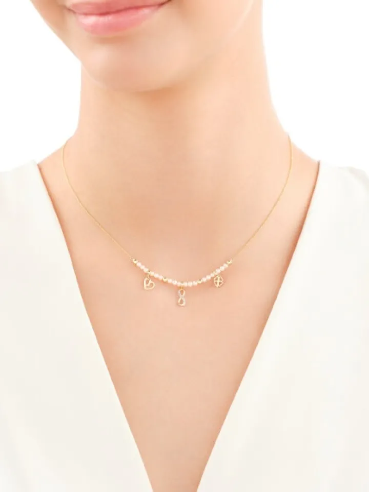 Naszyjnik z żółtego złota z diamentem i perłami - serce, nieskończoność, koniczyna - próba 375