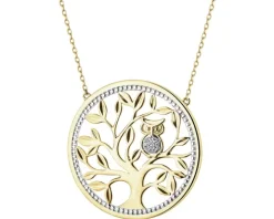Naszyjnik z żółtego złota z diamentami - drzewko, sowa - 0,02 ct - próba 585