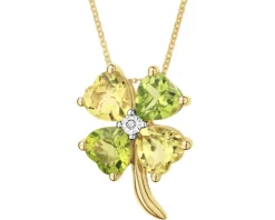 Naszyjnik z żółtego złota z diamentem i kamieniami ozdobnymi - koniczyna, serca - próba 375