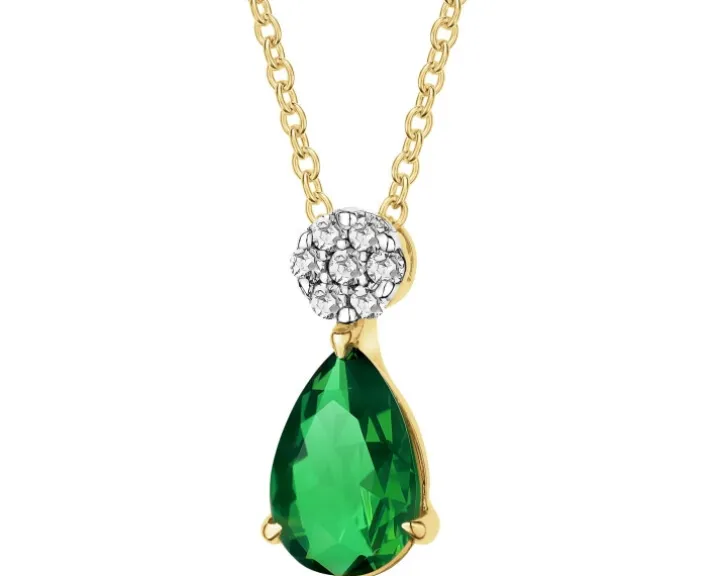 Naszyjnik z żółtego złota z diamentami i szmaragdem syntetycznym - próba 375