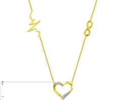 Naszyjnik z żółtego złota z diamentami - serce, nieskończoność, EKG serca - 0,006 ct - próba 375