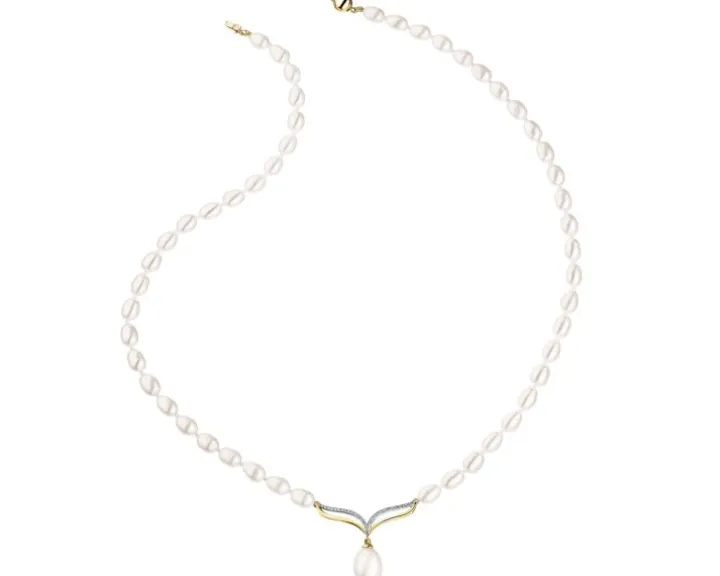 Naszyjnik z żółtego złota z diamentami i perłami - próba 585