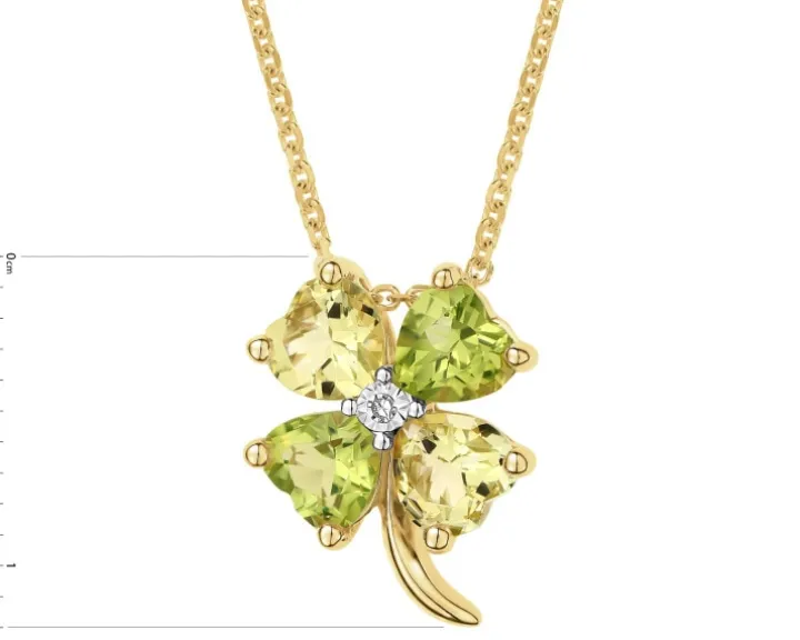 Naszyjnik z żółtego złota z diamentem i kamieniami ozdobnymi - koniczyna, serca - próba 375