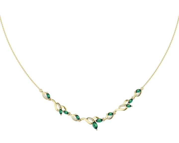 Naszyjnik z żółtego złota z diamentami i szmaragdami syntetycznymi - próba 375