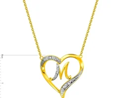 Naszyjnik z żółtego złota z diamentami - serce, litera M - 0,01 ct - próba 375