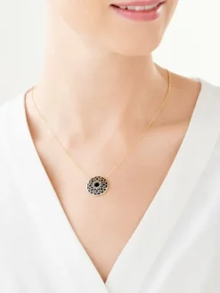 Naszyjnik z żółtego złota z diamentami i onyksem - rozeta - próba 585